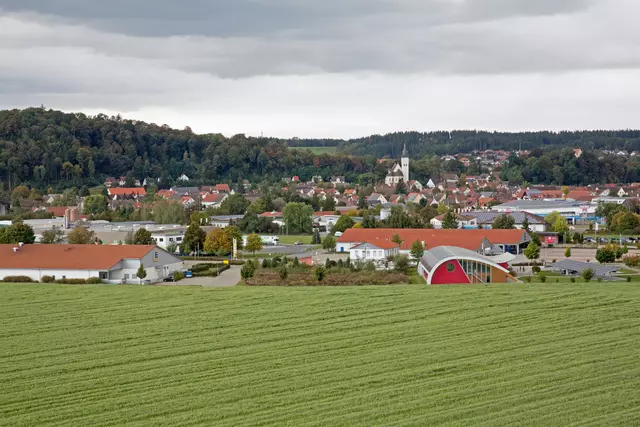 Im Vordergrund eine große Wiese, im Hintergrund Erolzheim